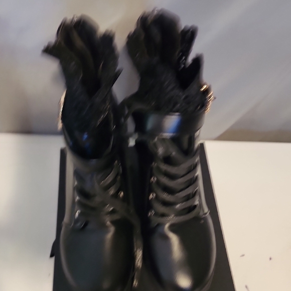 New Black Lace-Up Boots with Gold Buckle - Picture 4 of 7